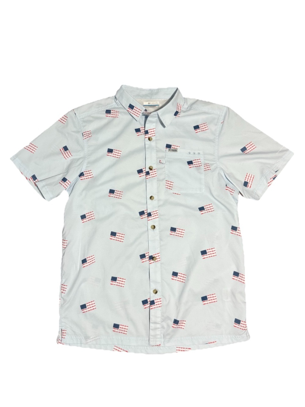 Columbia PFG Fishing Shirt USA Flag Short Sleeve Mens S Vented Omni Shade Fish